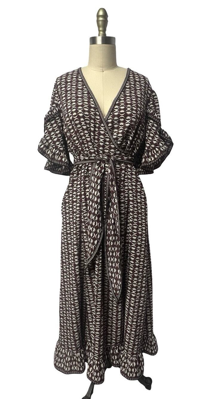 Max Studio Georgette Flutter Sleeve Crepe Maxi Dress Womens Sz L Burgundy Black
